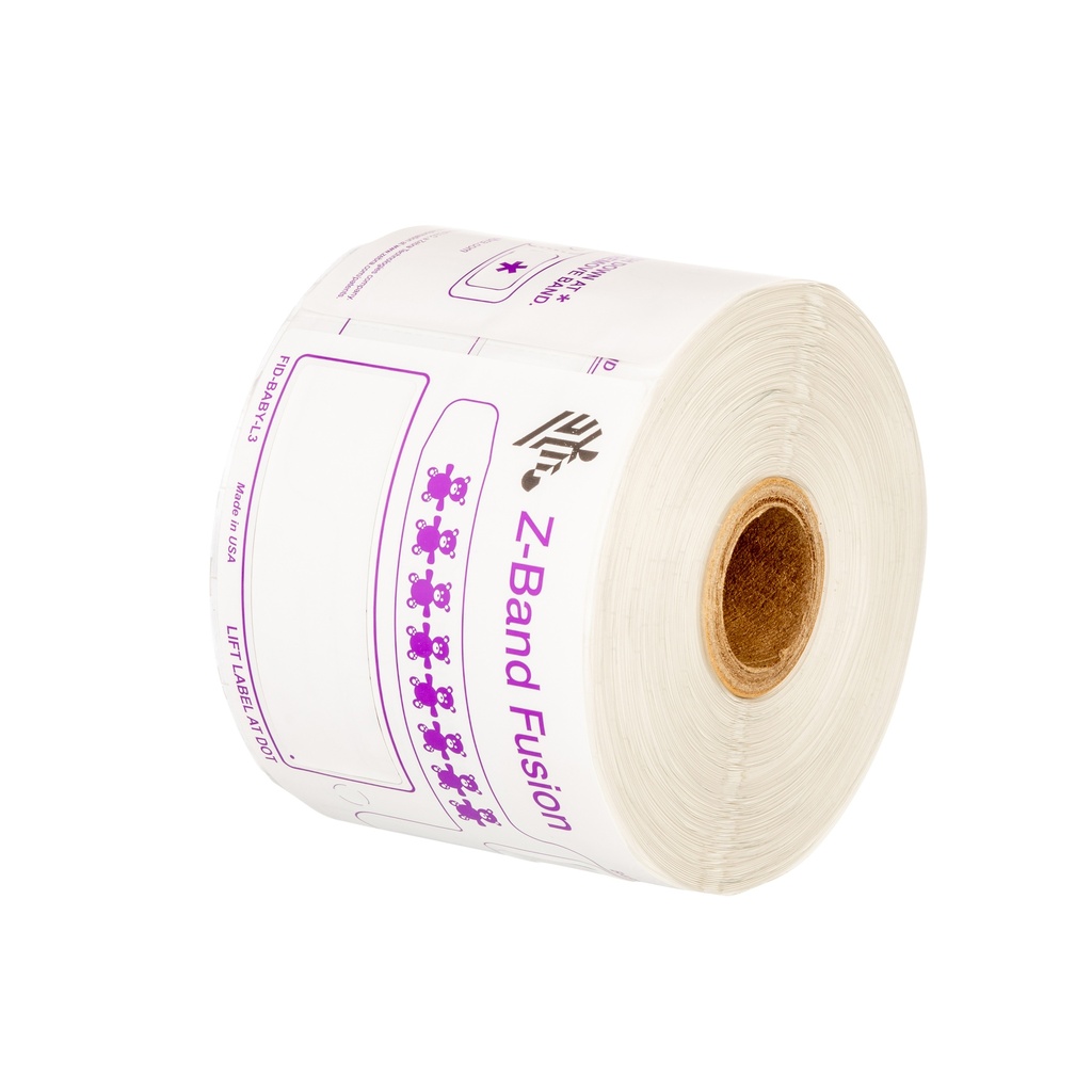 Wristband, PolyPro/PET, 3 x 11in (76x279mm); DT, Z-Band Fusion, Adhesive Closure, Pediatric w/ Label, 200/roll, 5 rolls/case, 5OD. Image area: 2.75 x 0.875.