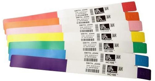 Wristband, Polypropylene, 1x11in (25.4x279.4mm); Direct thermal, Z-Band Direct, Adhesive closure, 1in (25.4mm) core, 200/roll, 6/box, Pink. Black mark sensing.
